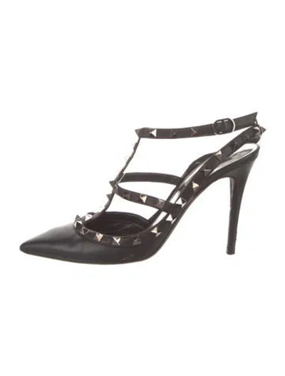 Pre-owned Valentino Garavani Rockstud Accents Leather T-strap Pumps In Brown