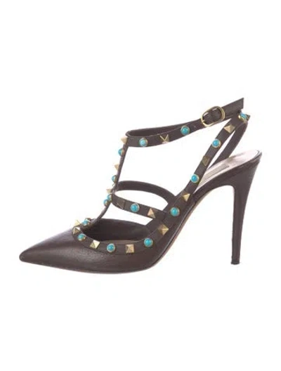 Pre-owned Valentino Garavani Rockstud Accents Leather T-strap Pumps In Brown