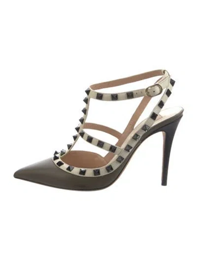 Pre-owned Valentino Garavani Rockstud Accents Leather T-strap Pumps In Green