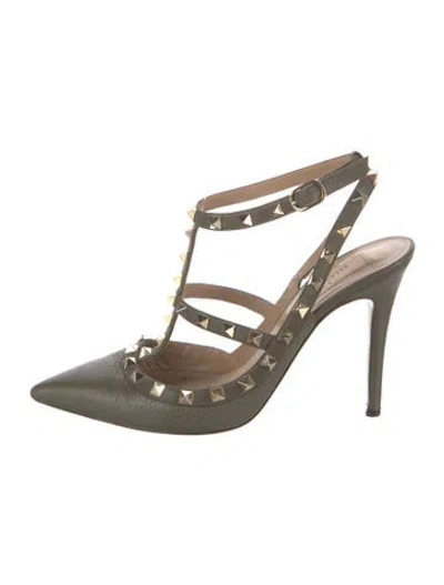 Pre-owned Valentino Garavani Rockstud Accents Leather T-strap Pumps In Green