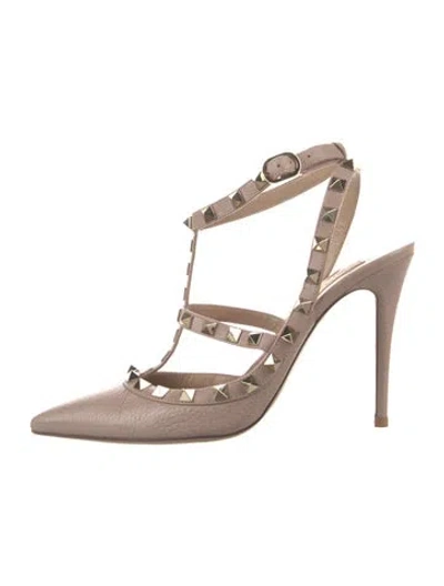 Pre-owned Valentino Garavani Rockstud Accents Leather T-strap Pumps In Neutral