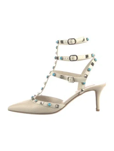 Pre-owned Valentino Garavani Rockstud Accents Leather T-strap Pumps In Neutral