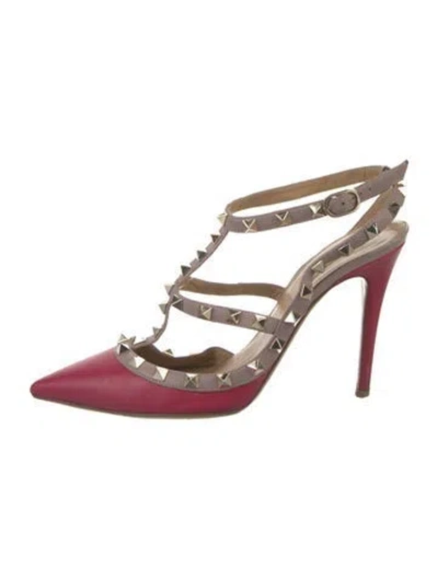 Pre-owned Valentino Garavani Rockstud Accents Leather T-strap Pumps In Pink