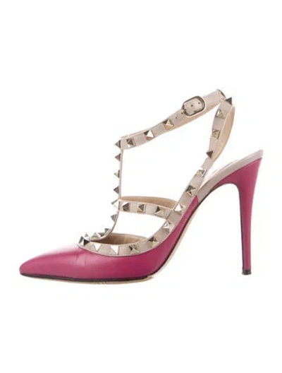 Pre-owned Valentino Garavani Rockstud Accents Leather T-strap Pumps In Pink