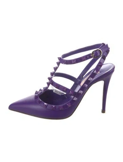 Pre-owned Valentino Garavani Rockstud Accents Leather T-strap Pumps In Purple