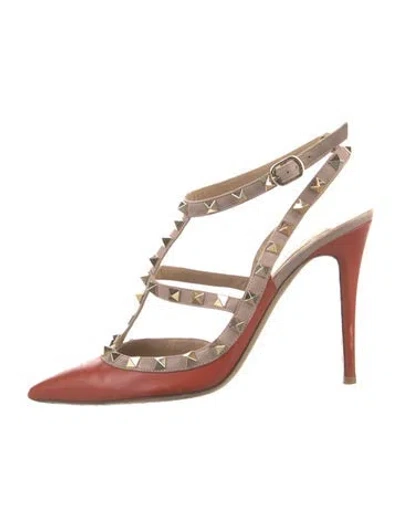 Pre-owned Valentino Garavani Rockstud Accents Leather T-strap Pumps In Red