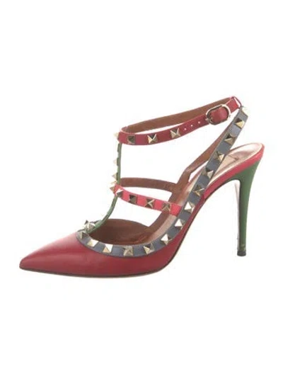 Pre-owned Valentino Garavani Rockstud Accents Leather T-strap Pumps In Red