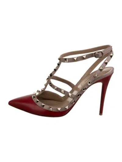 Pre-owned Valentino Garavani Rockstud Accents Leather T-strap Pumps In Red