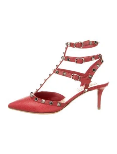 Pre-owned Valentino Garavani Rockstud Accents Leather T-strap Pumps In Red