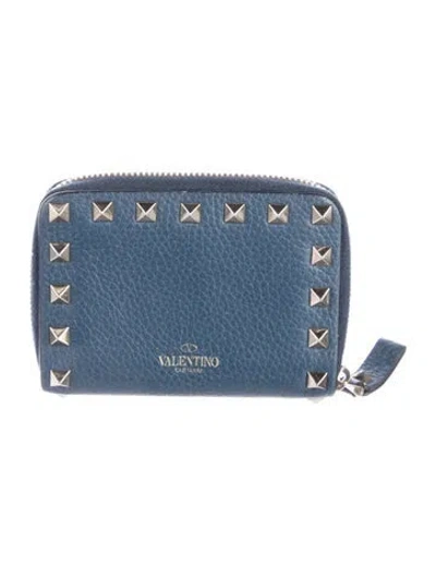Pre-owned Valentino Garavani Rockstud Accents Leather Wallet In Blue