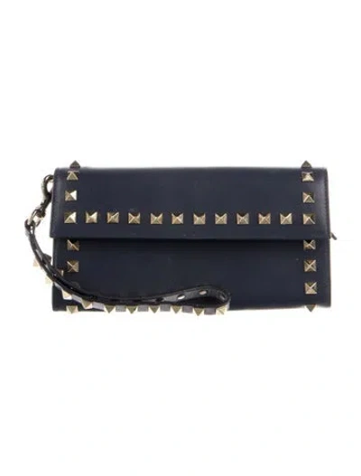 Pre-owned Valentino Garavani Rockstud Accents Leather Wallet In Blue