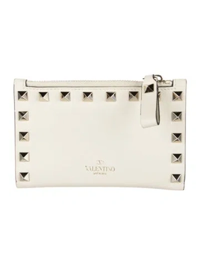 Pre-owned Valentino Garavani Rockstud Accents Leather Wallet W/ Tags In Neutrals