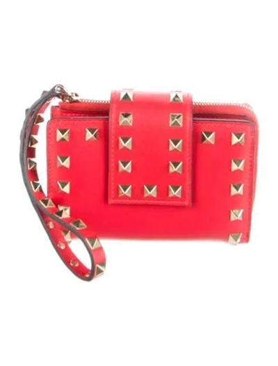 Pre-owned Valentino Garavani Rockstud Accents Leather Wristlet In Red