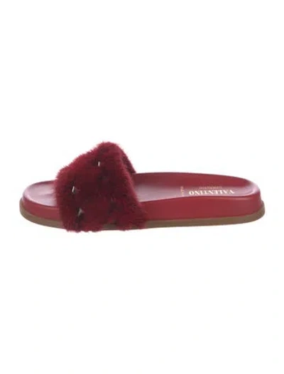 Pre-owned Valentino Garavani Rockstud Accents Mink Slides In Red