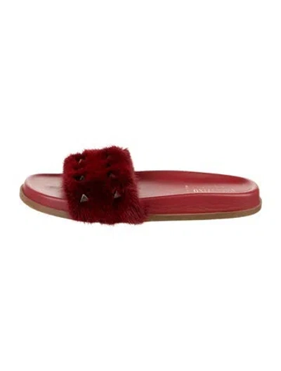 Pre-owned Valentino Garavani Rockstud Accents Mink Slides In Red