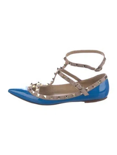 Pre-owned Valentino Garavani Rockstud Accents Patent Leather Flats In Blue