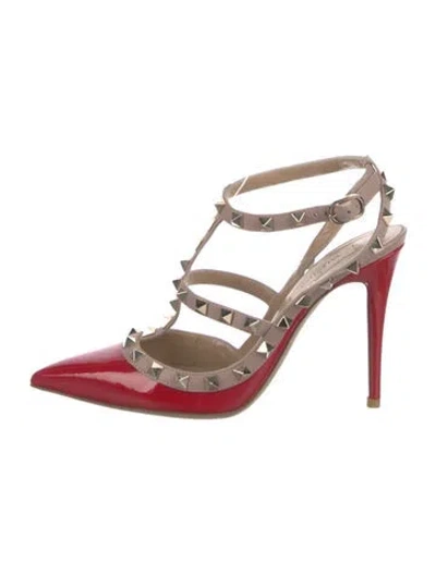 Pre-owned Valentino Garavani Rockstud Accents Patent Leather Gladiator Sandals In Red