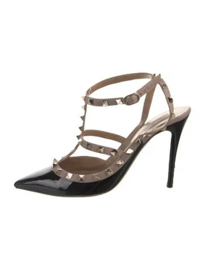 Pre-owned Valentino Garavani Rockstud Accents Patent Leather T-strap Pumps In Black