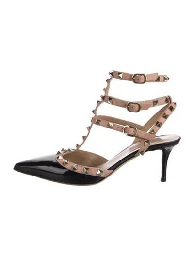 Pre-owned Valentino Garavani Rockstud Accents Patent Leather T-strap Pumps In Black