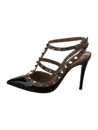 Pre-owned Valentino Garavani Rockstud Accents Patent Leather T-strap Pumps In Black