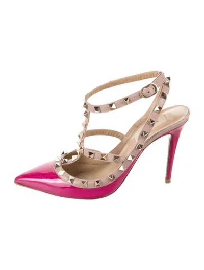 Pre-owned Valentino Garavani Rockstud Accents Patent Leather T-strap Pumps In Pink