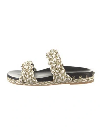 Pre-owned Valentino Garavani Rockstud Accents Patterned Slides In White
