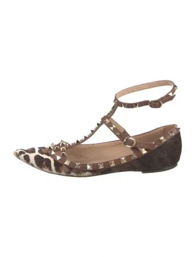 Pre-owned Valentino Garavani Rockstud Accents Ponyhair Ballet Flats In Brown