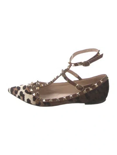 Pre-owned Valentino Garavani Rockstud Accents Ponyhair Ballet Flats In Brown