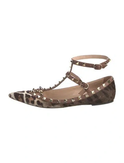 Pre-owned Valentino Garavani Rockstud Accents Ponyhair Flats In Brown