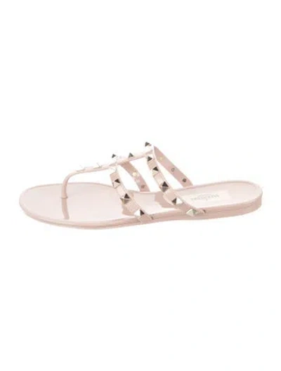 Pre-owned Valentino Garavani Rockstud Accents Rubber Flip Flops In Neutral