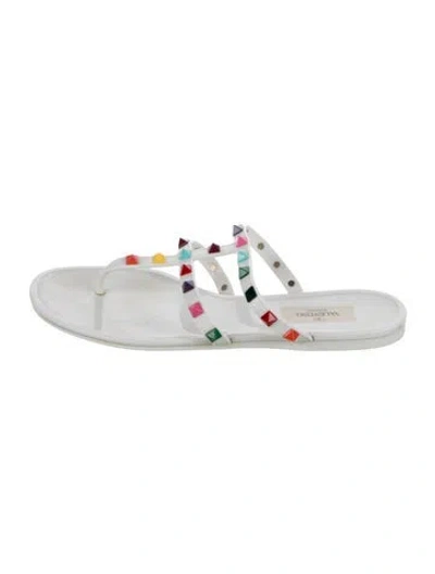 Pre-owned Valentino Garavani Rockstud Accents Rubber Flip Flops In White
