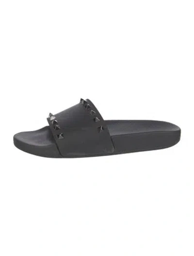 Pre-owned Valentino Garavani Rockstud Accents Rubber Slides In Black