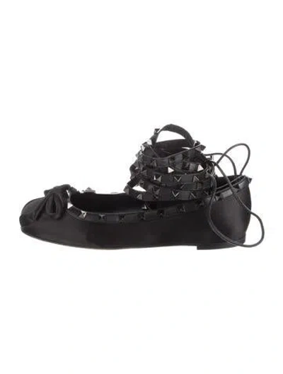 Pre-owned Valentino Garavani Rockstud Accents Satin Ballet Flats W/ Tags In Black