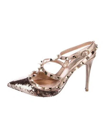 Pre-owned Valentino Garavani Rockstud Accents Sequins T-strap Pumps