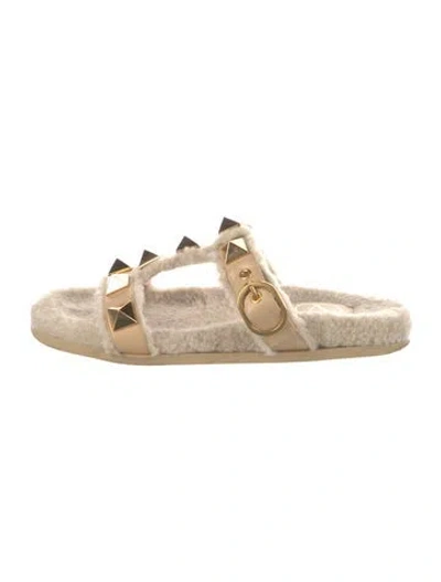 Pre-owned Valentino Garavani Rockstud Accents Shearling Espadrilles In Neutral