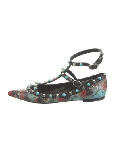 Pre-owned Valentino Garavani Rockstud Accents Snakeskin Flats In Black