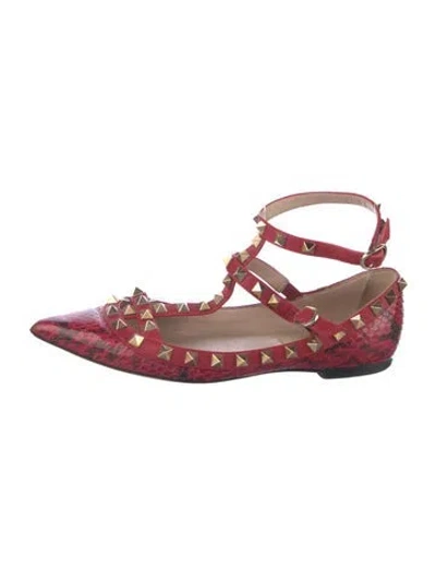 Pre-owned Valentino Garavani Rockstud Accents Snakeskin Flats In Red