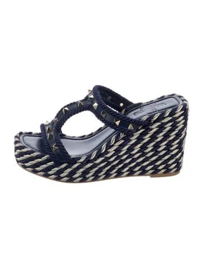 Pre-owned Valentino Garavani Rockstud Accents Striped Espadrilles In Blue