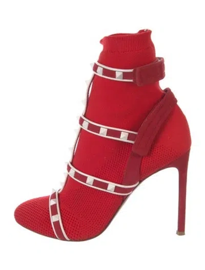 Pre-owned Valentino Garavani Rockstud Accents Striped Sock Boots In Red