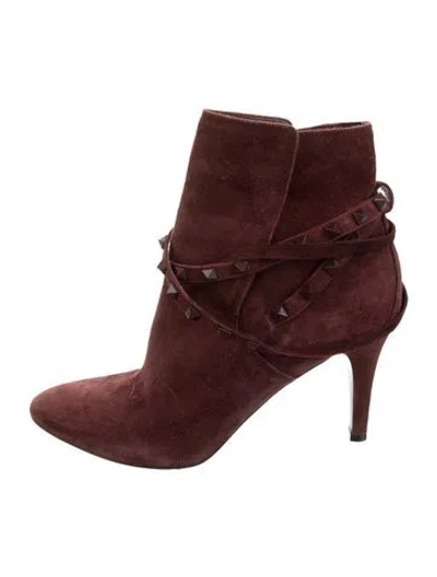 Pre-owned Valentino Garavani Rockstud Accents Suede Boots In Burgundy