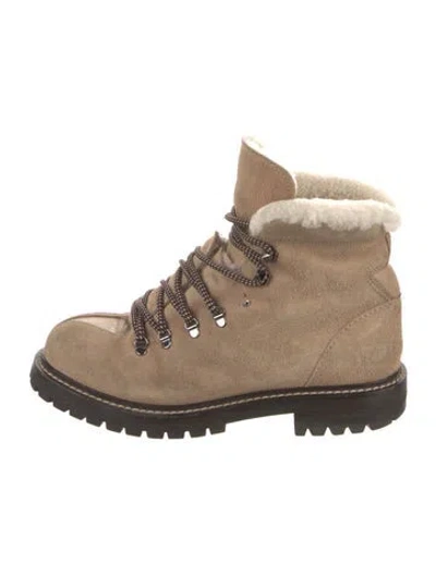 Pre-owned Valentino Garavani Rockstud Accents Suede Combat Boots In Neutral