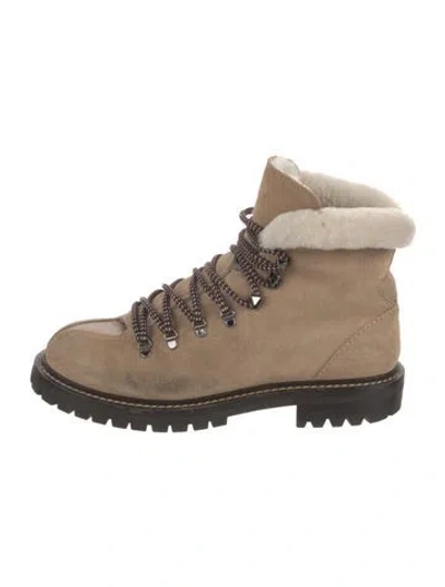Pre-owned Valentino Garavani Rockstud Accents Suede Combat Boots In Neutral