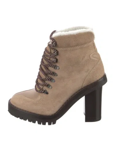 Pre-owned Valentino Garavani Rockstud Accents Suede Lace-up Boots In Neutral