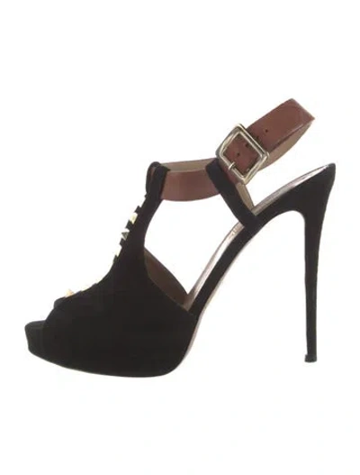 Pre-owned Valentino Garavani Rockstud Accents Suede T-strap Pumps In Black