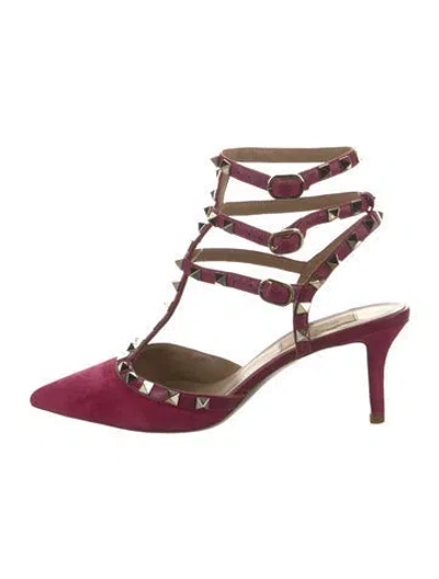 Pre-owned Valentino Garavani Rockstud Accents Suede T-strap Pumps In Burgundy