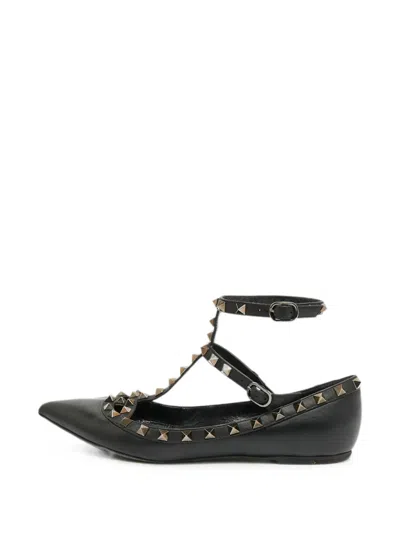Pre-owned Valentino Garavani Rockstud Ankle Strap Ballet Flats In Black