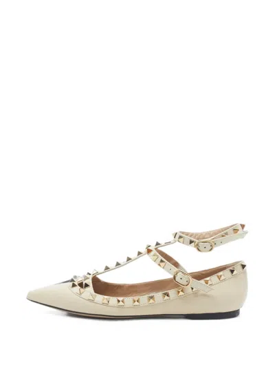 Pre-owned Valentino Garavani Rockstud Ankle Strap Ballet Flats In Neutral