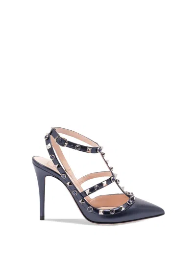 Valentino Garavani Rockstud Pumps In Laminated Nappa With Cabochon 100mm Woman Navy 41.5 In Blue