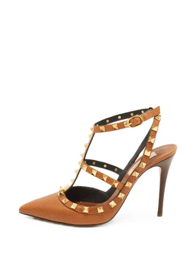Pre-owned Valentino Garavani Rockstud Ankle Strap Pumps In Brown