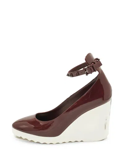 Pre-owned Valentino Garavani Rockstud Ankle Strap Wedge Pumps In Brown
